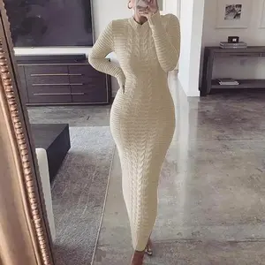 Sexy Women’s Long Maxi Sweater Dress – Turtleneck Mock Neck, Long Sleeves, Tunika Knit, Ankle-Length Bodycon Party Dress