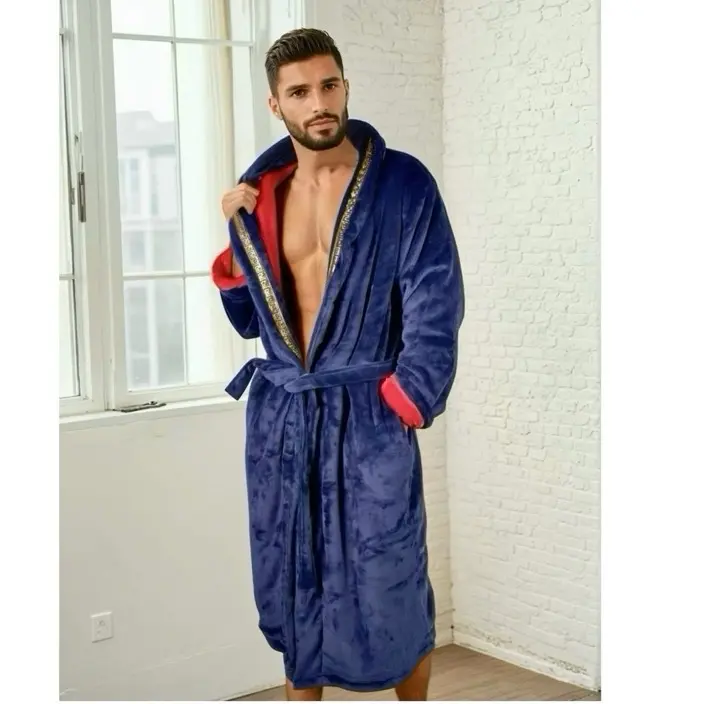 Royalty Robes Men's Soft Stylish Plain Ultra Plush Long Sleeve Blue Fleece Bathrobe - Red Interior, Gold Greek Key Trim, Tie Closure, Pockets, Double Layer Casual Menswear Loungewear Housecoat