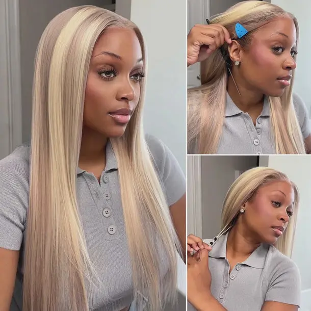 Megalook 13x6 Three-Go Champagne Blonde Glueless Wigs Silky Straight 100% Human Hair Lace Front Wig with Drawstring for Effortless Elegance