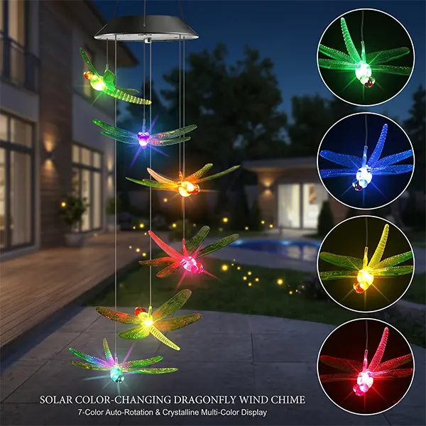 Winzwon Dragonfly Shape Solar Outdoor LED Lights Wind Chimes - Hanging Garden Decor for Yard, Patio, Porch, Deck - Women Gift for Birthday, Mother's Day, Easter