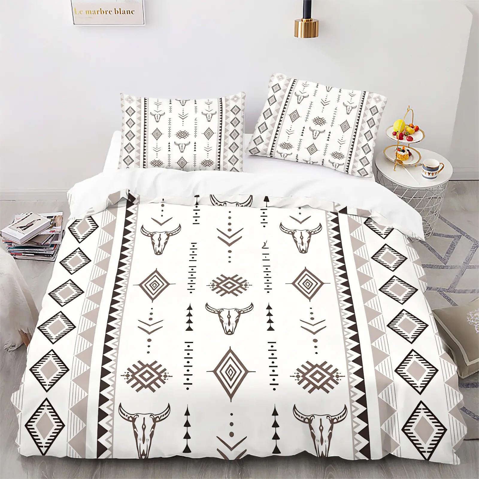 Soft American Aztec Bullhead Print Duvet Cover Set, Includes 1 or 2 Pillowcases, Soft Breathable All Season Washable Fabric, Fits Country Wabi-sabi Western Style, Viral Healing Decor For Bedroom Makeover