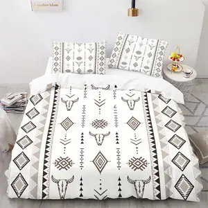 Soft American Aztec Bull Print Duvet Cover Set, Includes 1 or 2 Pillowcases, Cream Base with Light Totem, Soft and Breathable, Ideal for Bedroom