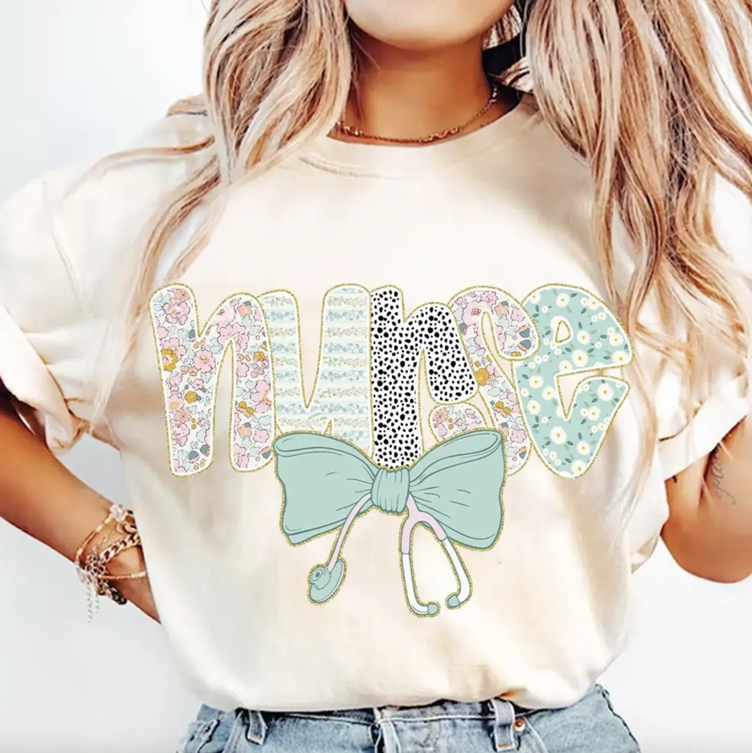 Nurse Floral Coquette T-Shirt, Nurse Boho Floral Tee, Everyday Outfit, Stethoscope Bow Shirt, Preppy Nurse Shirt, Checkered Hoodie, Nurse Gift For Her