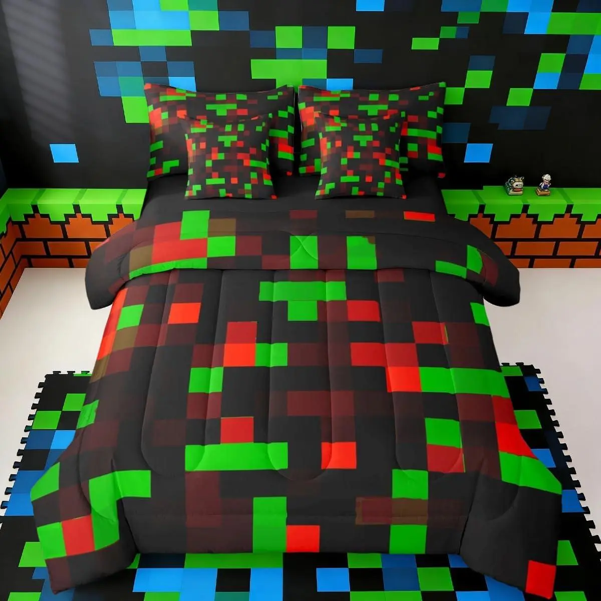 Pixelated Red Green Black Comforter Set with Sheets，Pillowcases & Cushion Cover 7 Piece Bedding Set Super Soft Kids Girls Boys Bedroom Decor Gamepad Grid Bed in a Bag