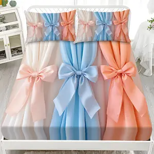 Bed Sheet Set 3-Piece 2D Flat Design with Pink, Blue, and Orange Bowknot Curtain Pattern(1*Fitted Sheet + 2*Pillowcases, no filling), Stylish, Soft and Comfortable Bed Linen, Skin-friendly and Breathable Bedding Set, Suitable for Bedrooms and Guest Rooms.