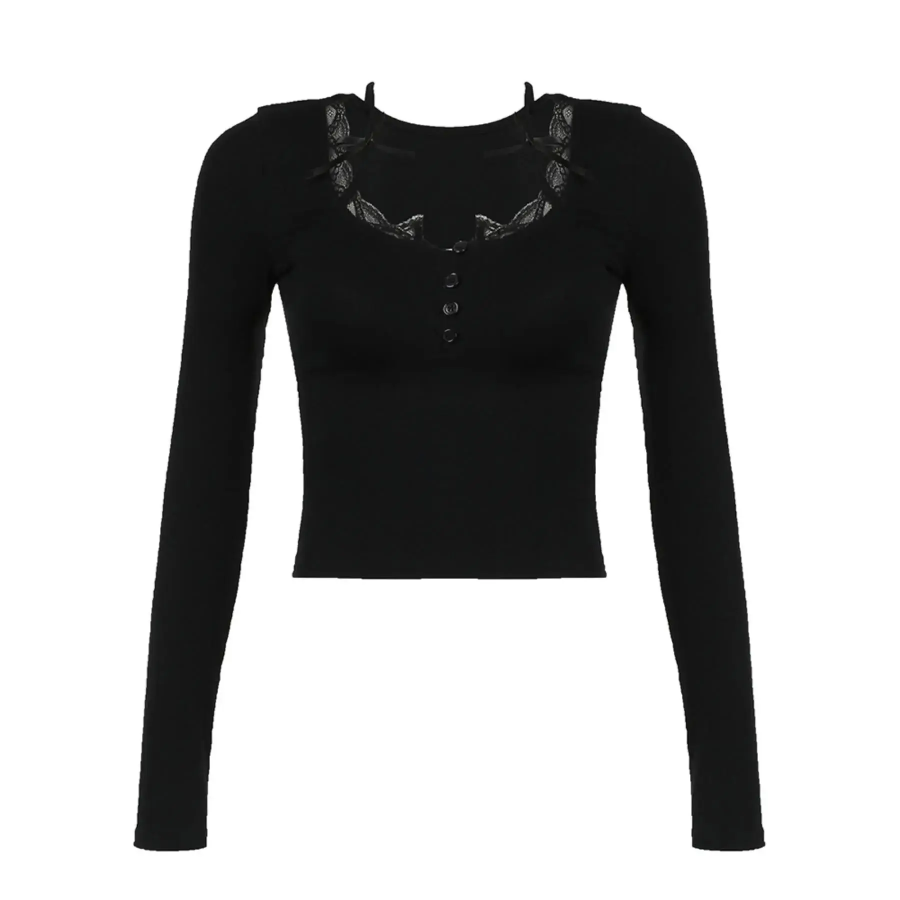 Versatile Women's Plain Lace Trim Bow Decor Long Sleeve Tee Y2K Trendy Casual T Shirt for Spring Fall Daily Wear Cute Feminine, Lightweight, On The Go, Knit Top, Hoodie Fit, 2000s Vibe, Throwback Style