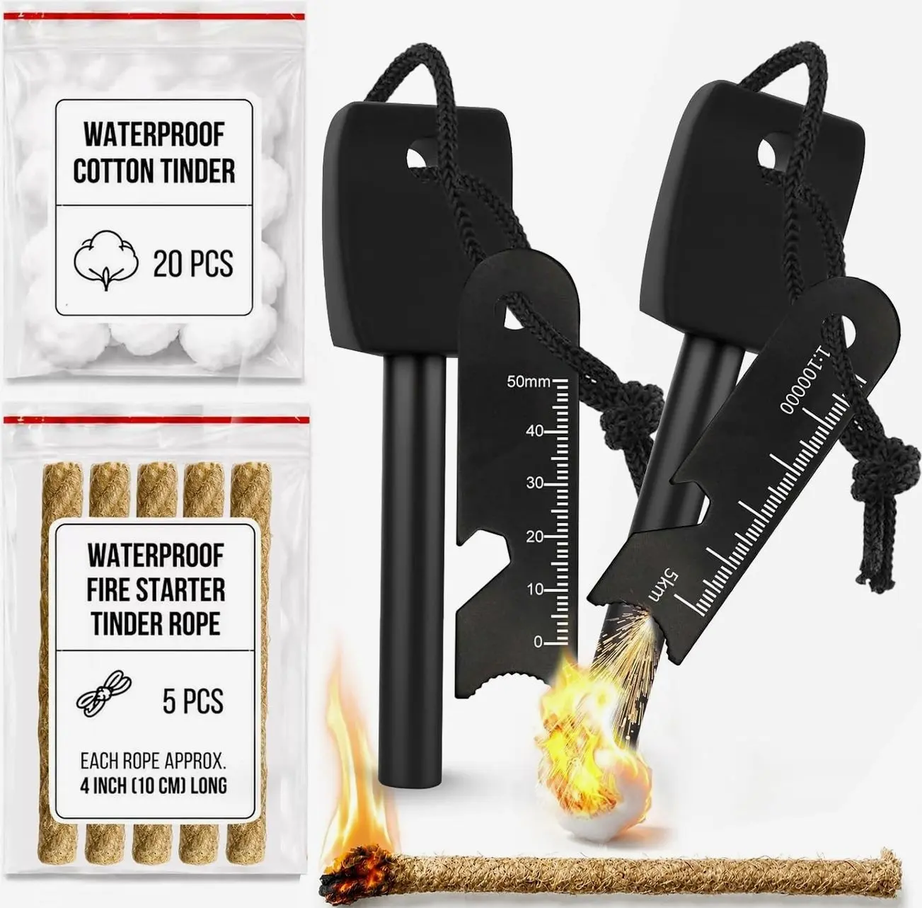 27-Piece Rod Fire Starter Survival Kit with Striker & Ropes