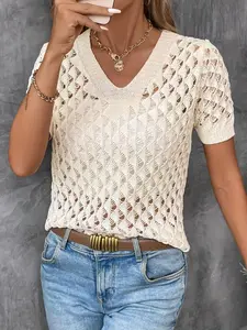 Women's Plain Hollow Out V Neck Sweater, Elegant Casual Short Sleeve Jumper for Summer, Fashion Women's Knitwear for Daily Wear