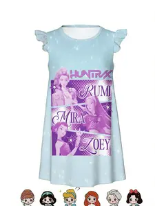 Sweet A-Line Dress, Fresh Light Blue Starry Sky Bottom, Anime Character Print, Aesthetic, Short Sleeve, Knee Length, Casual Outdoor Comfort