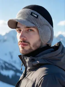 Men's Winter Warm Knitted Beanie Fitted Hat with Earmuffs, Fleece Lined Feng Shui Cap, Fashion Windproof Cold Protection Outdoor Versatile