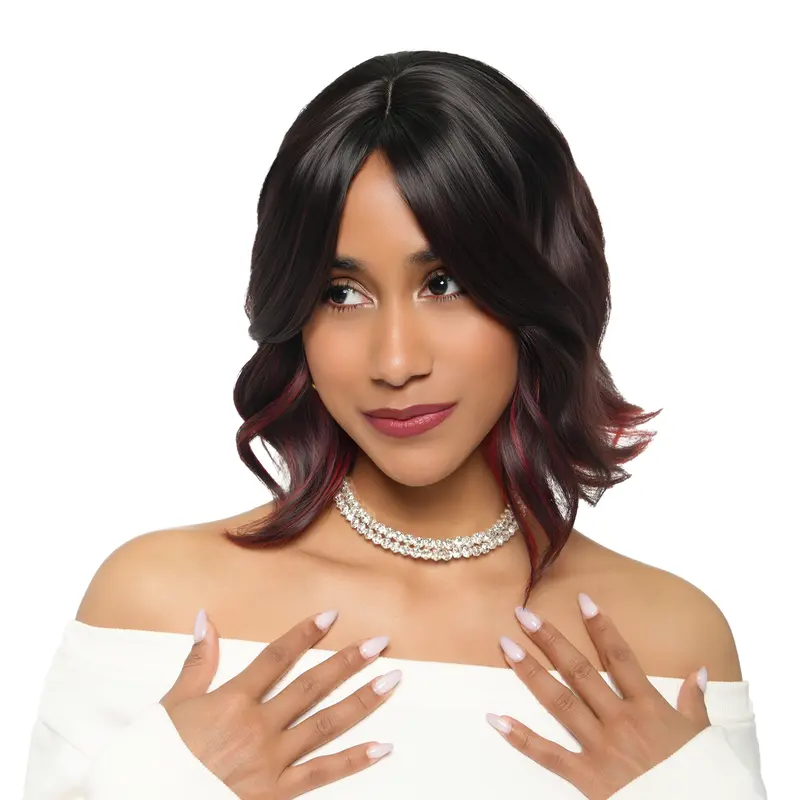 Lady Grayy 10-Inch Burgundy Sombre (Fiery Underlights) Free Spirit Wavy Long Bob Synthetic Fiber Wig - Heat Resistant, Realistic Look, Comfortable Cap Included, Customizable | #54FSGA