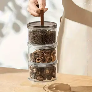 3-tier round portable spice organizer. Food-grade transparent sealed containers for grains, dry goods, spices & snacks. Airtight & moisture-proof, ideal for countertop, fridge & cabinet storage.