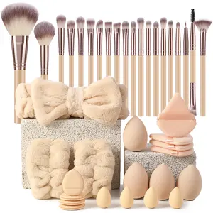 39PCS Multi-Functional Makeup Tools Set – 20Pcs Makeup Brushes For Full Face, 4Pcs Makeup Sponges + 4Pcs Mini Sponges For Blending, 4Pcs Triangle Powder Puffs + 4Pcs Mini Air Cushion Puffs For Setting, 1Pc Hairband, 2Pcs Hand Bowl Straps