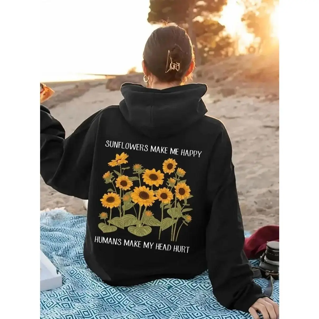 Sunflowers Make Me Happy Hoodie Back Print | Cute Sunflower Graphic Hoodie | Aesthetic Floral Pullover