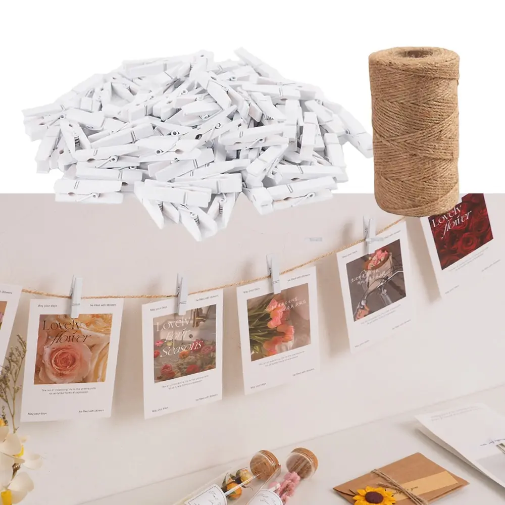 100-Pack Lightweight Mini Wooden Photo Display Clips Set with 328ft Jute Twine, 1.4in White Clothes Pins for Hanging Pictures, Decor, Kitchen Use, Gift for Office Stationery & Crafts Needs