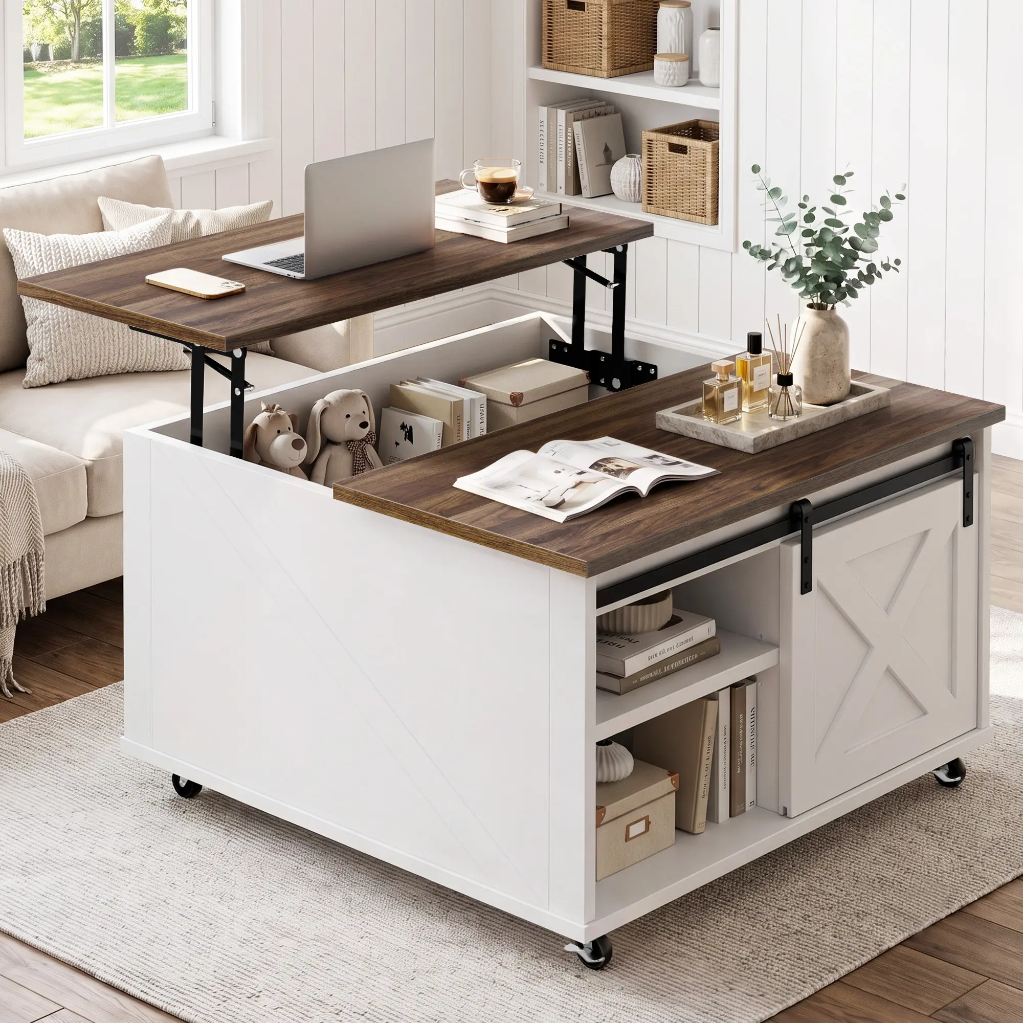 Walsunny 31.5" Lift Top Removable Coffee Table with Storage, Wooden Farmhouse Square Coffee Tables for Living Room, Farmhouse Coffee Table with Large Hidden Storage Compartment and Adjustable Shelves, Black
