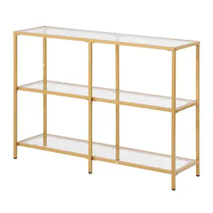 Spring new arrivals 3-Tier Glass Console Table, Modern Rectangle Sofa Side Table with Tempered Glass Top and Iron Legs, Golden Consloe Desk with Anti-Tip Device for Living Room, Hallway, Entryway, Foyer, Golden