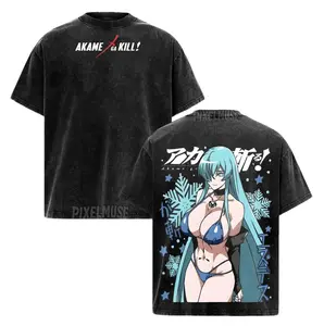 Esdeath Akame ga Kill T-Shirt | Ice Queen Blue Neon Acid Washed Oversized Tee, Frozen Style Anime Villainess Bootleg, Heavyweight Fandom Apparel.