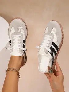 Women's Light Gray-White-Black Three-Tone Lace-Up Low-Top Mule Sneakers Perforated Breathable Rhinestone-Detail Letter-Print Casual Shoes Comfortable Walking Shoes Retro Style Trainers Chunky Gum, Rubber Sole Platform Slip-On Sneake