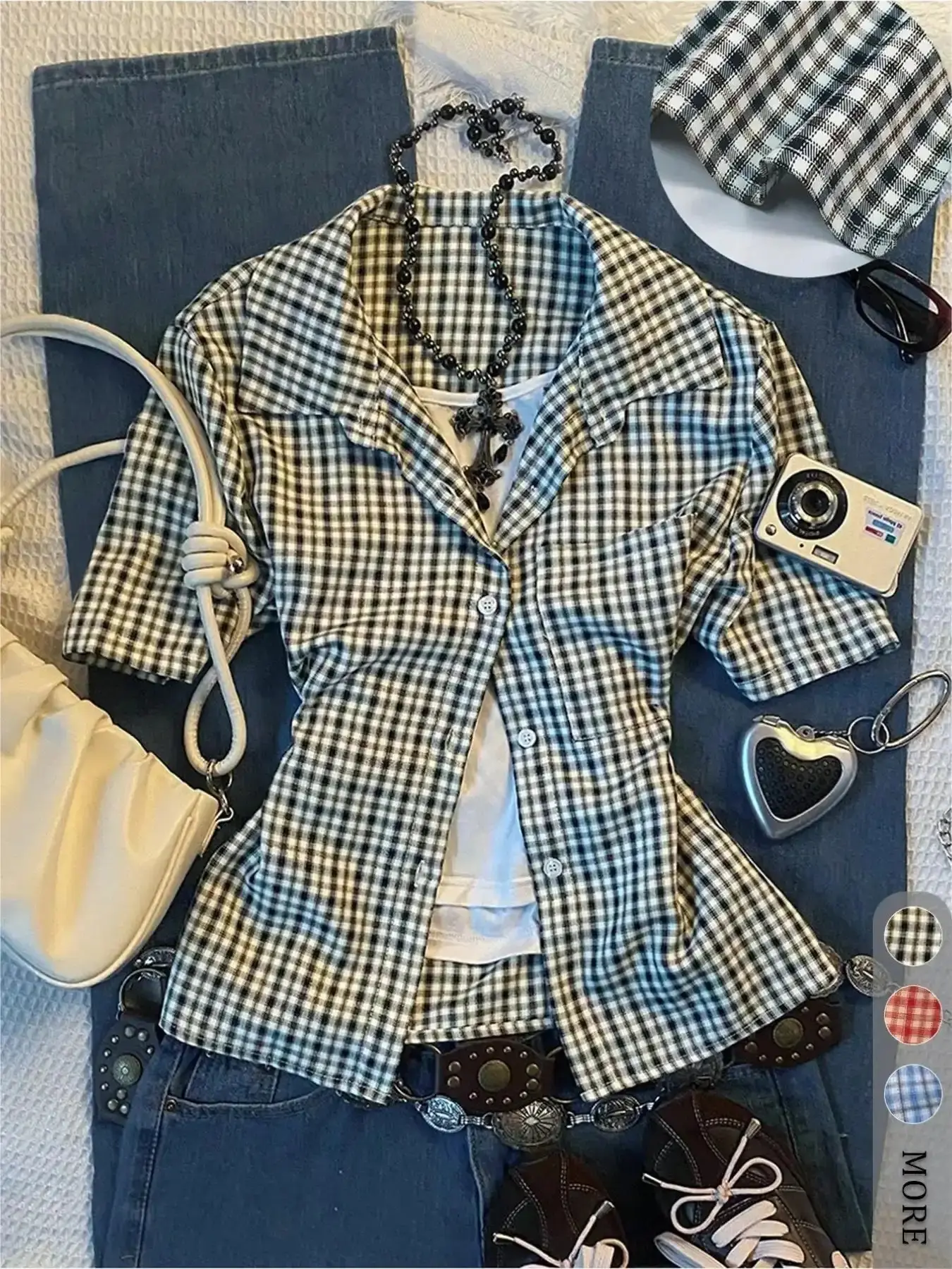 Women's Contemporary Casual Retro Vintage Plaid Short Sleeve Shirt Blouse, Polo Neck Design, Comfortable Style, Ideal for Daily Wear, Back-To-School Season, Basic Top, effortless layering, chic everyday, refined casual