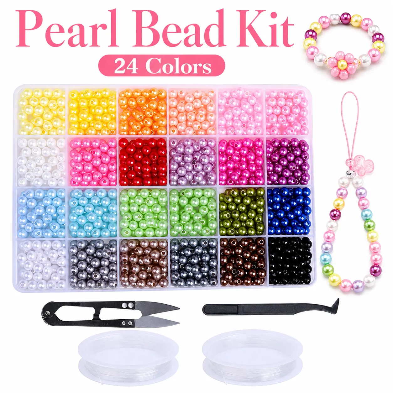 Approx. 1440Pcs 6mm Acrylic Pearl Beads for Jewelry Making, 24 Colors Assorted Round Beads with Storage Box, Elastic String and Tools for DIY Bracelets and Necklaces handmade supply craft set