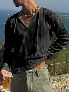 INCERUN Men T Shirt Solid Color Polyester V Neck Long Sleeve Male Tee Tops Streeetwear Streetwear Sexy Hollow Out Fashion Casual Men Clothing