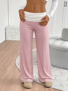 Women Spring Autumn Daily American Relaxed Style Sports Yoga Fitness Striped Cuffed Wide Waistband Long Pants Home Outdoor Urban Regular Trendy Casual Elegant Youthful Simple Versatile Textured Temperament Literary