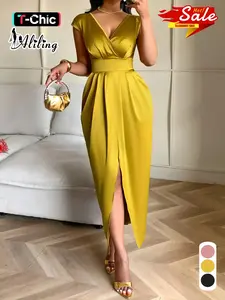 Women's Elegant Slim-Fit V-Neck Short Sleeve Lightweight Woven Dress, Waist-Tapered Split Hem Long Dress, Fashionable All Season Wear Womenswear Style
