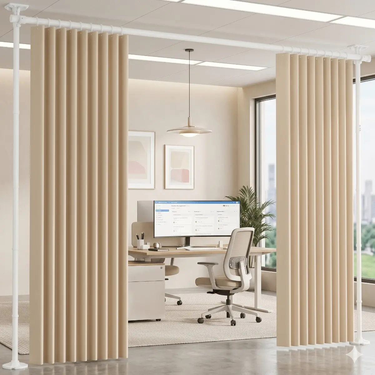 Adjustable Tension Rod for Room Divider Curtain - No Drilling Heavy Duty Floor to Ceiling Bedroom Divider (5-10ft Height, 28-70inch Width) - Temporary Privacy Space Partition for Home & Ofiice Use