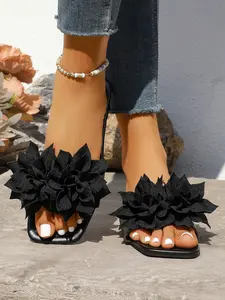 2026 New Flat Sandals, Large Flower Decoration, Commuting Date Elegant Fairy Shoes, Women's Fashion Footwear