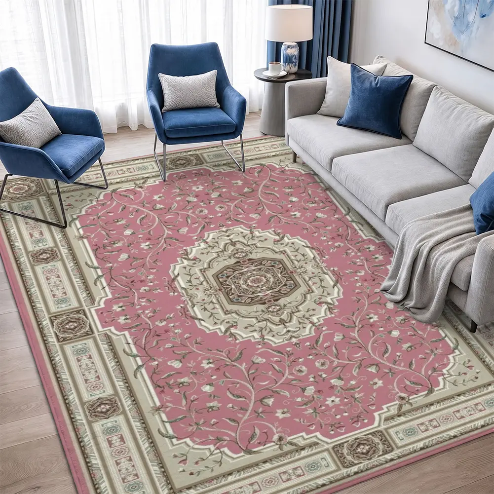 Pink Floral Persian Velvet Area Rug - Ornate Border Bedroom Rug, Traditional Home Decor, Room Decor