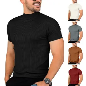 PASLTER Casual Slim Fit Basic Tops Short Sleeve Shirt Turtleneck T Shirts Rib Knitted Stretch Pullover Sweater PQ4654 Knitwear Menswear
