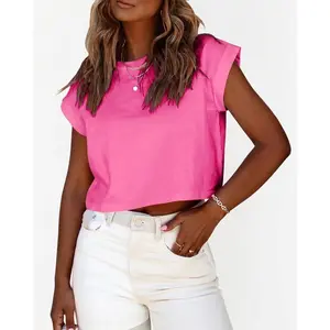 Womens Short Sleeve Cropped T-Shirts Summer Rolled Dolman Sleeve Crop Tops Casual Round Neck Solid Short Basic Tees