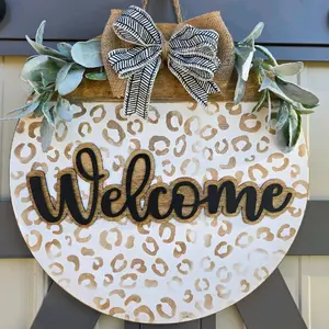 Welcome Door Hanger with Rustic Bow and Greenery Decorative Wooden Sign for Home Entryway Decoration