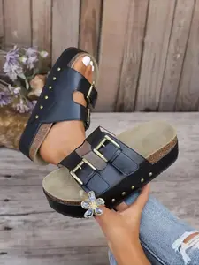 VERA Women's Matte Leather Slip-On Sandals, Dual Buckle Design, Thick Sole Comfort Shoes, Adjustable Strap Casual Footwear, Slides, Open Toe Sandal, Summer, Wide Width, Minimalist, Versatile, Flexible