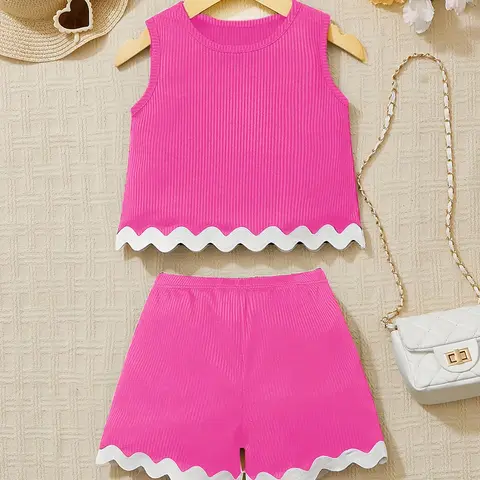Two-piece Set Girl's Colorblock Ribbed Tank Top & Shorts Set, Casual Sleeveless Top & Shorts for Summer, Kids Clothes for Daily Wear, Knitted Set Clothes, Summer Clothing Set, Color Blocking Set