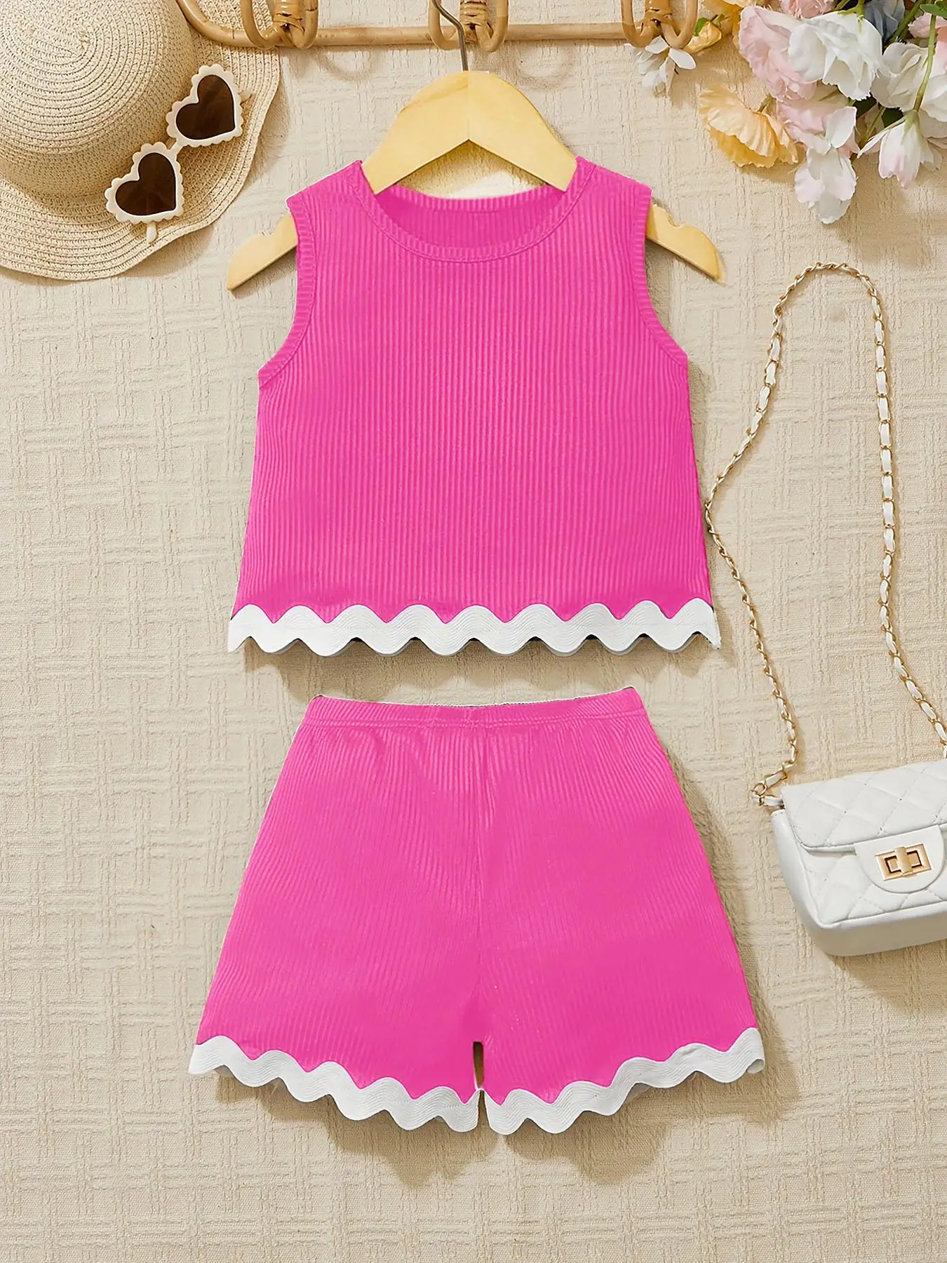 Two-piece Set Girl's Colorblock Ribbed Tank Top & Shorts Set, Casual Sleeveless Top & Shorts for Summer, Kids Clothes for Daily Wear