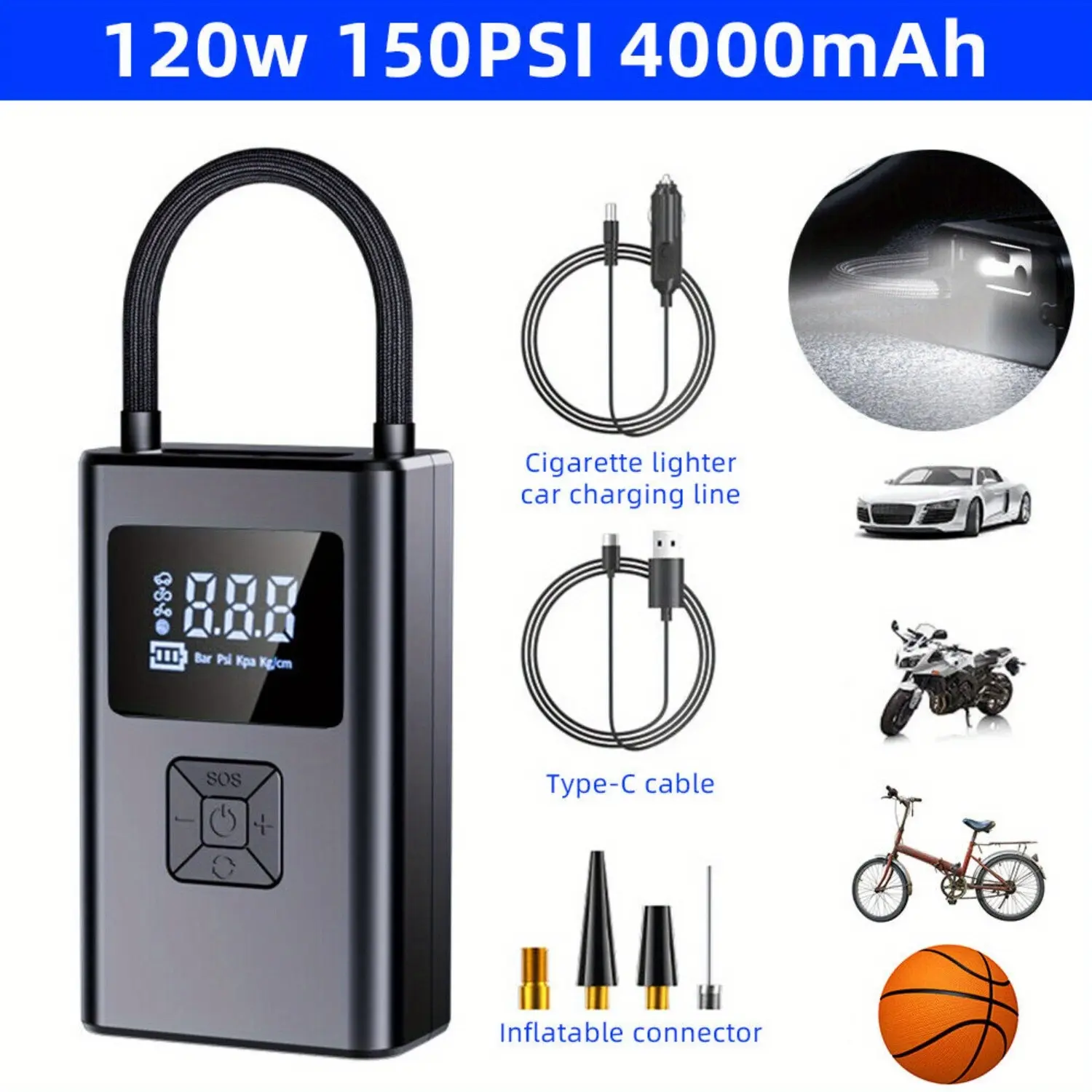 150 Psi Portable Cordless Car Air Compressor Tire Inflator, Wireless Electric Air Pump for Car Moto Bike Tires, High Pressure 150psi Rechargeable Inflator, Compact Emergency Air Pump for Vehicle Motorcycle Bicycle Roadside Maintenance