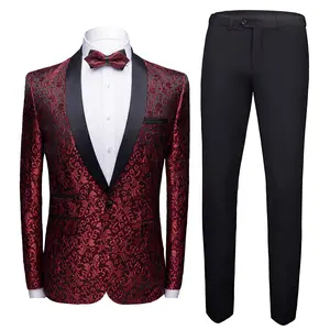 Mens 2 Piece Floral Jacquard Dress Suit Set 1 Button Print Dinner Jacket Pants-Navy Red wedding suit prom suit party suits