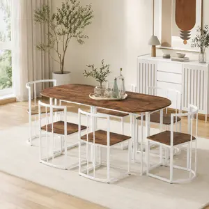 Super Dining Table Set Kitchen Table Set Dining Set for 6 7 Piece Modern Faux Marble 55 Inch Compact Table with 6 Chairs, White Cherry Dining Room Furniture for Small Space Apartment Breakfast Nook Home Kitchen