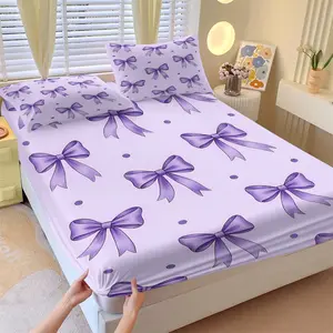 3Pcs Lavender Purple Bow Pattern Fitted Sheet Set, Whimsical Watercolor Design with Cheerful Bows and Dots, Soft and Decorative Bedding for a Cozy Bedroom Makeover, Perfect Gift for Any Occasion, Decorative Bedsheet Sets, No Pillow Core