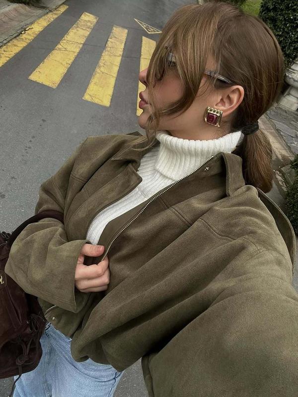 Women's Suede Bomber Jacket Spring Lapel Pilot Coat Casual Oversized Long Sleeves Trendy Streetwear
