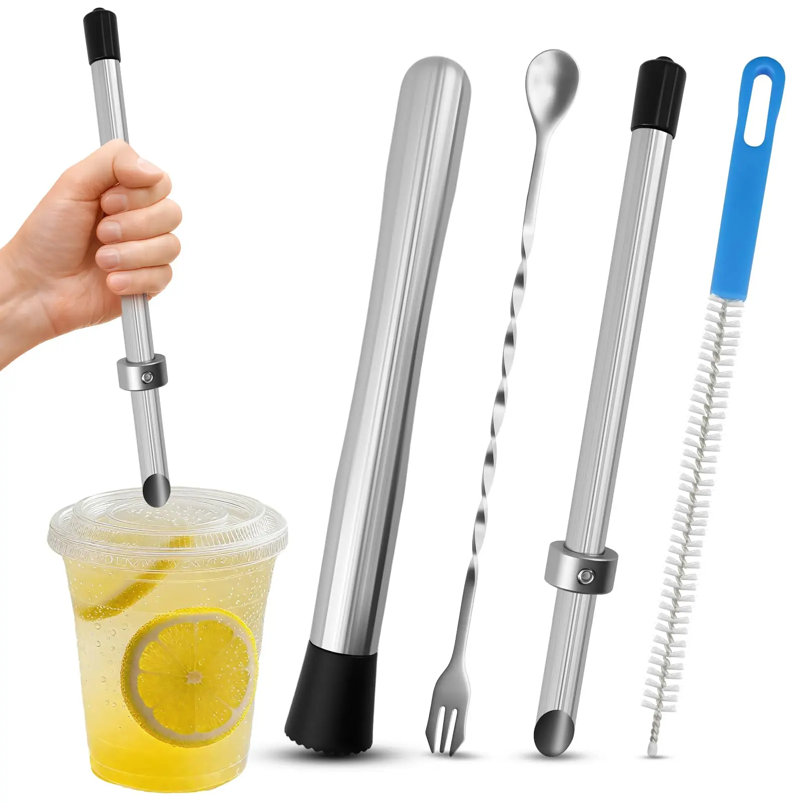 Lemonade Muddler Kit 4-in-1 - Straw Hole Puncher For Plastic Lids  Lemon Smasher Cocktail Bar Tool With Cleaning Brush | Supplies Home & Party