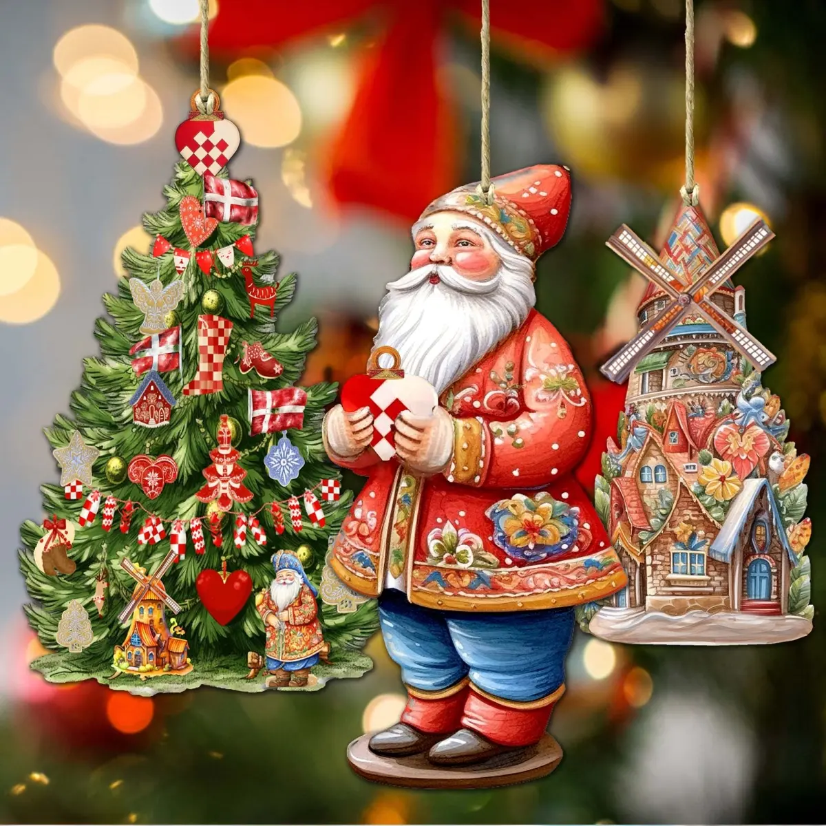 Designocracy 8091302S3 4.5x3 in. Whimsical Handmade UV Coated Danish Inspired Wooden Santa Ornaments, Set of 3 - Christmas Tree Decor, Festive Home Gift for All Ages with Cultural Symbols, Gift Bag Compatible, Christmas Memories Maker