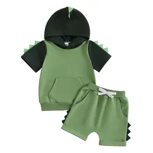 Toddler Baby Boy Summer Hooded Outfit Dinosaur Contrast Color Short Sleeve Hood T-Shirt Elastic Waist Pocket Shorts 2Pcs Set Summer Clothes