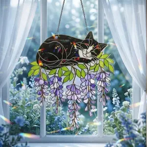 Tuxedo Cat Hologram Suncatcher, Wisteria Floral Window Hanging