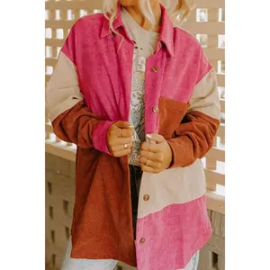 Color Block Curved Hem Corduroy Shacket with Pocket Womenswear Coats