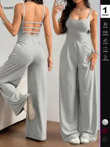 Women's Solid Backless Fit Plicated CamiJumpsuit, Basic Casual Sleeveless SpaghettiStrap Square Neck Wide Leg Jumpsuit forSummer, Women's Spaghetti Strap Jumpsuit forLady Daily Wear, Womenswear, Solid ColorJumpsuits, Casual Comfy Jumpsuit