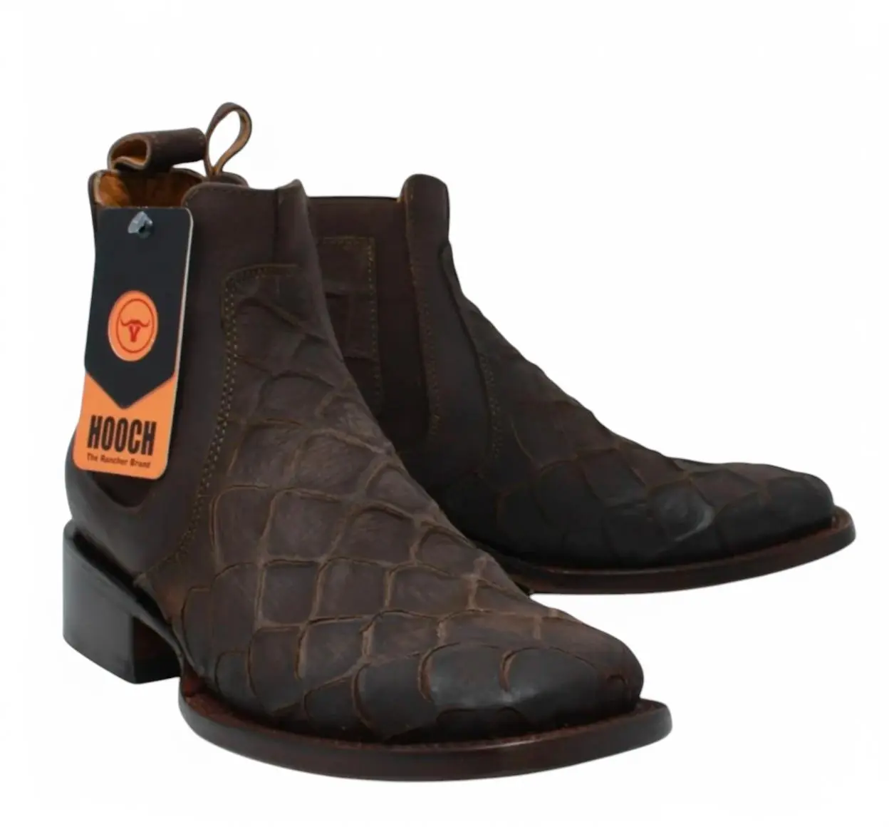 Men’s Pirarucu Print Botin – Chocolate Genuine Leather Exotic Western Boot