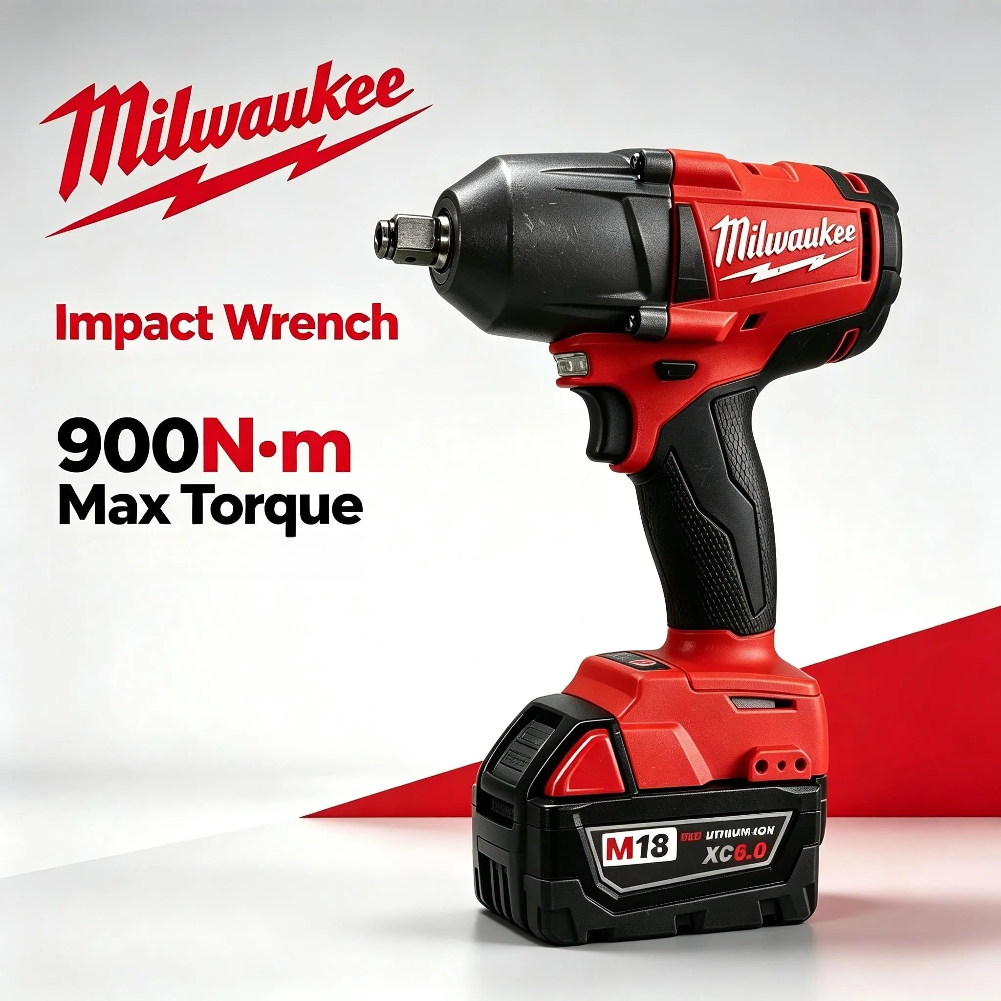 Milwaukee M18 Cordless Impact Wrench, 1/2-in Square Drive, 900N.m Max Torque, 6.0Ah Lithium-Ion Battery & Charger Included, Power Tool for Auto Repair, Garage Bolt Nut Removal